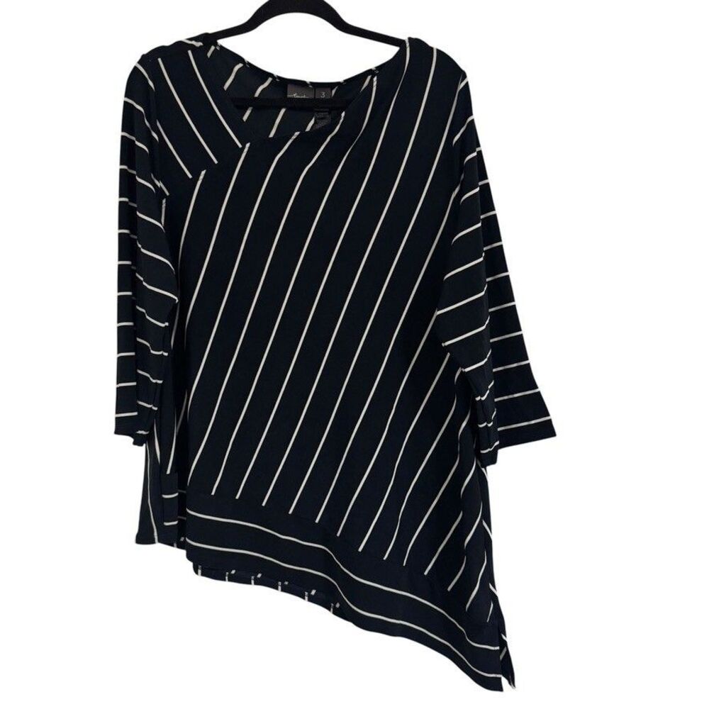 Chico's Travelers 3 -XL- Striped Black Long Sleeve Round Neck Rayon KNit Top